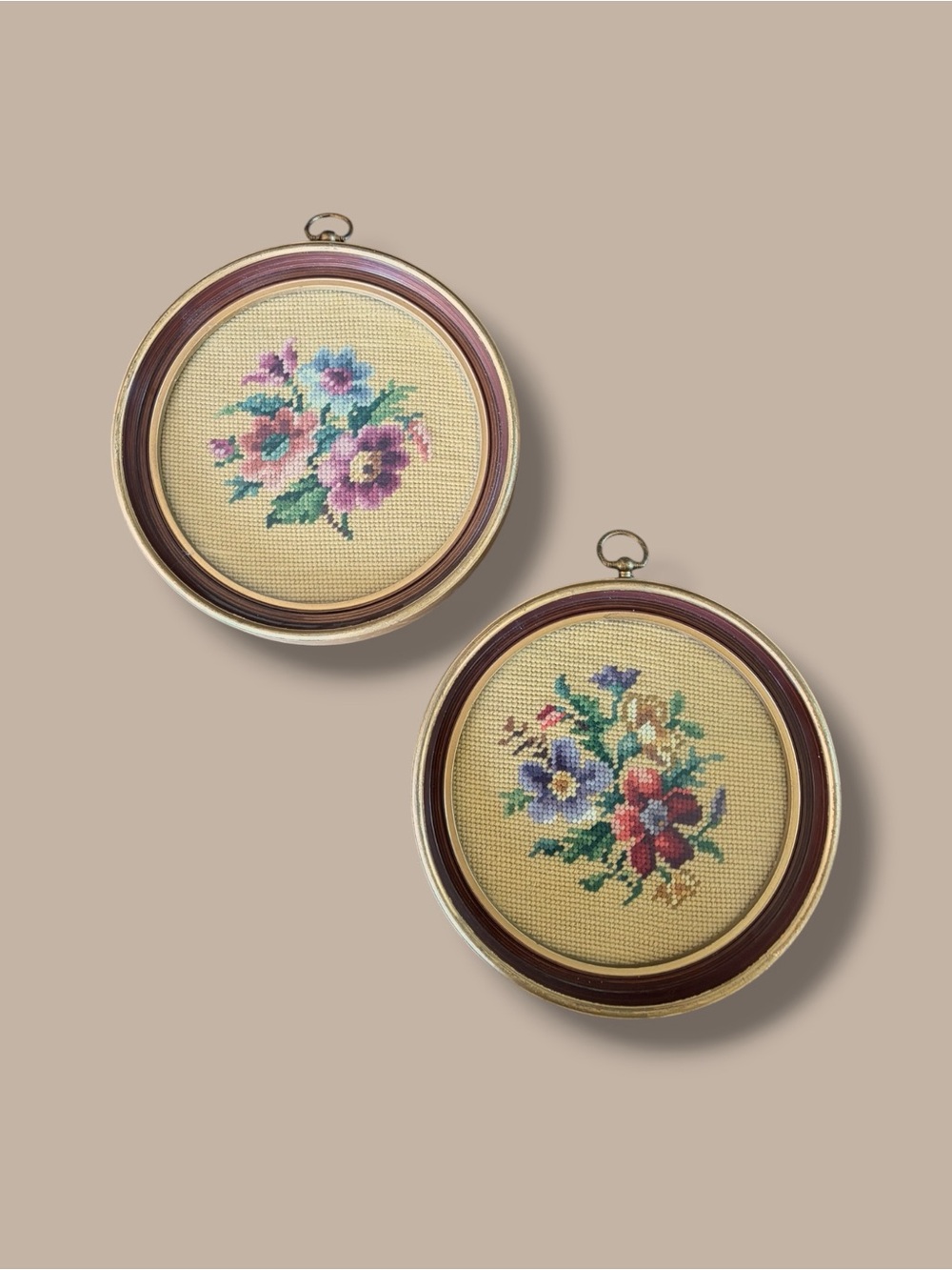 Vintage Floral Needlepoint Wall Medallions - Set of 2